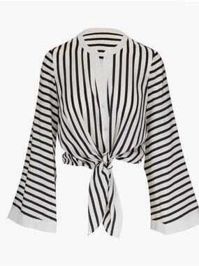 L'AGENCE Black & White Silk Striped Tie-Front Blouse